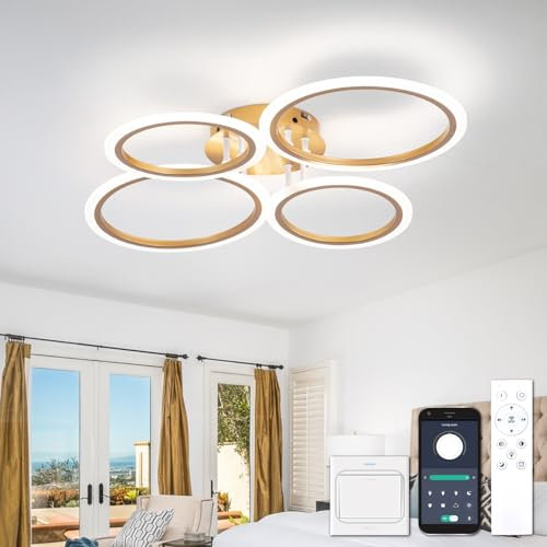 YOLEDY Deckenlampe Led mit Fernbedienung & APP, Decken Lampen mit 4 Ring, Dimmbar, Licht Memory Funktion mit Timer, Moderne Deckenleuchte Rund Wohnzimmer Flur Schlafzimmer, Gold