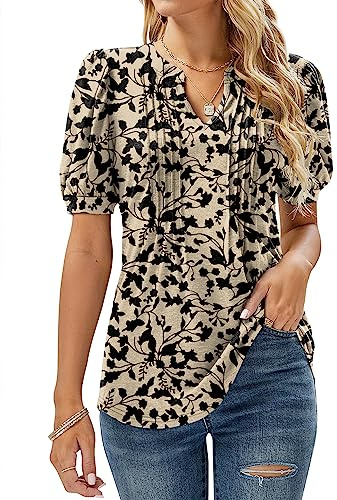 EFFAN Tops de Cuello en V para Mujer Camiseta de Manga Corta Abombada Blusa Túnica Plisada con Estampado Floral, 40-42