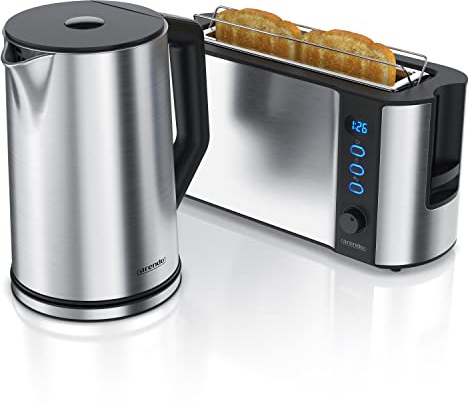 Arendo Ensembles Bouilloire et grille-pain en SET, Bouilloire en inox 1,5L 40°-100°C, Grille-pain 2 Tranches Ecran LED 6 niveaux de brunissage support viennoiserie, Gris