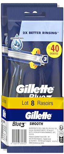 Gillette Blue3 Smooth Rasoirs Jetables Lot de 2x4, Pour Homme, À 3 Lames, Tête Pivotante À 40°, Bande Lubrifiante, Avec La Technologie Comfortgel