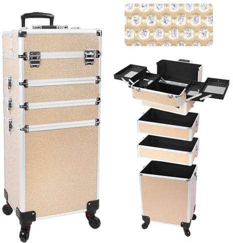 CHUANGJIN Professional Rolling Makeup Case with Wheels, 5-in-1 Makeup Train Case, Cosmetic Makeup Trolley Cart Travel Cosmetology Case On Wheels with Key for Hairstylists, Nail Tech, Gold, Classic