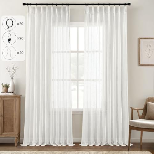 MIULEE Visillos Cortinas Translucida Efecto Lino Cortinas Plisadas con Ganchos para Sistema de Riel, Solapa Trasera para Barra, Salón Ventana Habitación Dormitorio,2 Piezas,132X245CM, Lino Blanco