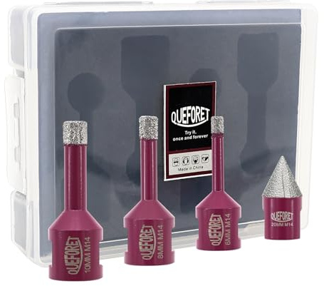 QUEFORET Diamant Fliesenbohrer Set 4 Stücke - 3 Stücke 6/8/10mm x M14 Bohrkronen, 1 Stück 20mm Fasenfräser für Fliesen Keramik Porzellan Marmor Granit, für Winkelschleifer