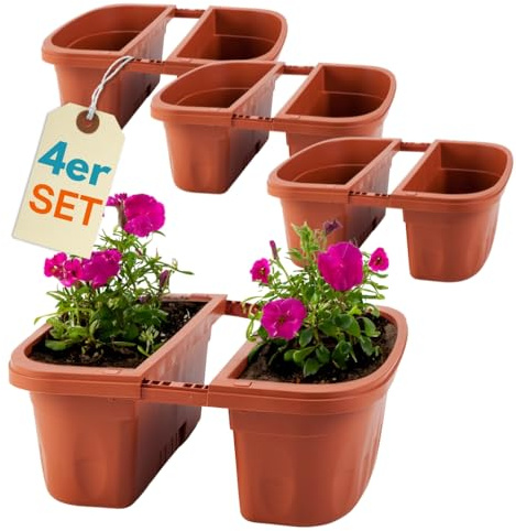 GarPet 4er Set Blumenkasten Balkongeländer Beidseitig Balkon Blumenkasten Doppelseitig Balkonkasten mit Halterung Geländerkasten mit Wasserspeicher Teracotta 50 cm