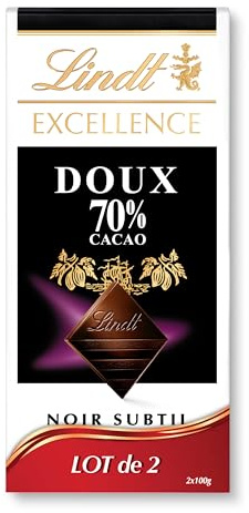 Lindt Lot de 2 Tablettes EXCELLENCE Chocolat Noir 70% Cacao Doux 2x100g | Chocolat Noir • 70% Cacao • Doux • Moment de plaisir • Savoir-faire Lindt.