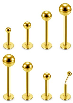 JSDDE 8 Stücke Labret Piercing Gold Set Lippenpiercing Stecker mit 2-5mm Kugel Conch Piercing Medusa Helix Tragus Piercing Knorpel Ohrringe Stud Gold 6-12mm