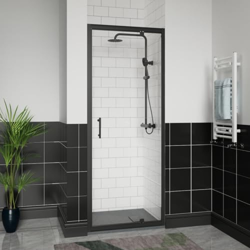 Aquariss 800x700mm Black Pivot Alloy Hinge Shower Door Enclosure with 800mm Clear Self Clean 6mm Shower Door Screen + Anthracite SMC Anti Slip Shower Tray and 90mm Waste