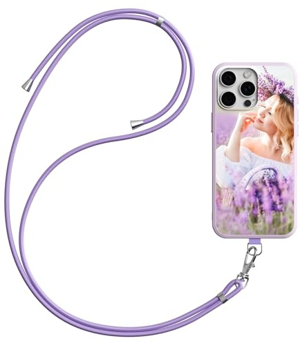 HBRYXJ Handykette Personalisierte Handyhülle für iPhone 16 15 14 13 12 11 Pro/Max/Mini Xr X Xs Max 7 8 Se20/22, Selbst Gestalten Hülle mit Handyband Foto Bild Text, TPU Handyhülle Mit Kette (Lila)
