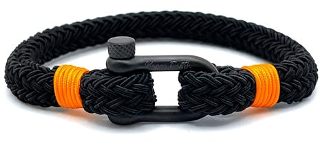 Mens Rope Bracelet, Durable Black Rope with Orange detail | Durable Nylon Marine Bracelet with scratch resistant stainless steel D-shackle | Handcrafted Nautical Wristband (20cm (Average Wrist))