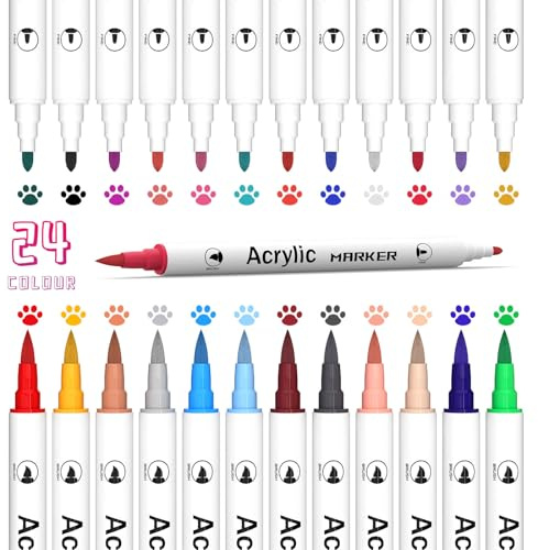 Jmoryd Acrylic Paint Pens,24 Dual Tip Markers with Brush Tip and Fine Tip for Rock Painting stones, wood, ceramics, glass pens, ideal for DIY crafts and art supplies