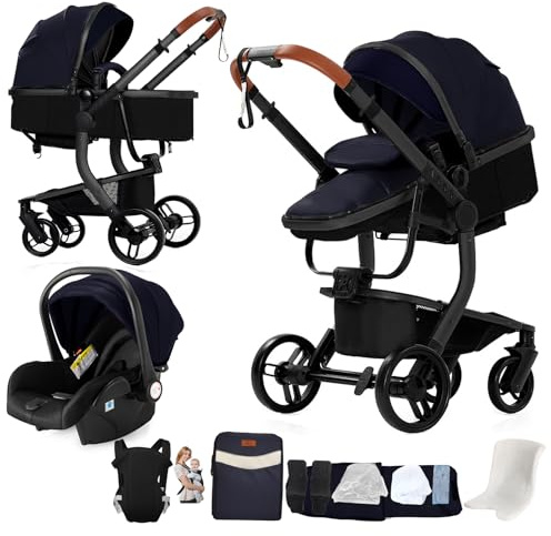 Magic ZC PU-Leder Kinderwagen 3 in 1, Kinderwagen Set Umkehrbarem Doppelschiebemodus, Kombikinderwagen 3 in 1 Großer Babywanne, Buggy Rahmen Aluminiumlegierung Hohe Landschaft (L518 Black Blue)