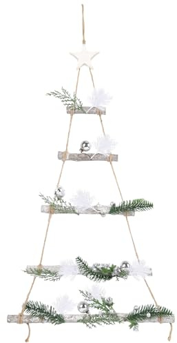 Namzinc Wand Weihnachtsbaum Holzleiter zum Aufhängen mit Kiefernzweigen & Kugeln Weihnachten Deko für Zuhause, Wand und Tür 70 x 40 cm