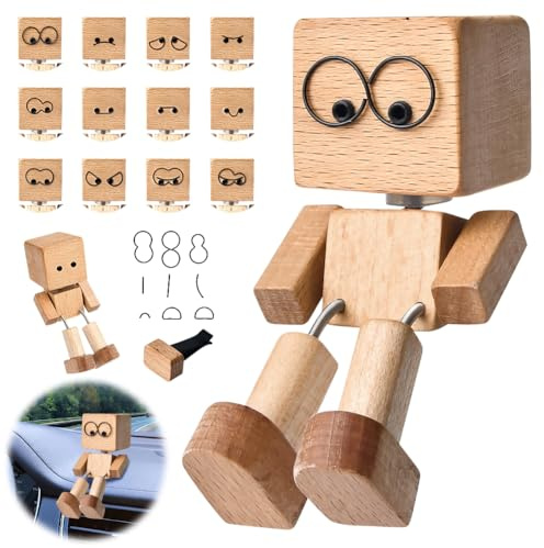 Pipihome Wackelfigur Auto, Schüttelmann Wackelnder Holzmann, Shaking Wooden Man mit DIY Ausdrücke Schwankt, Wackelmännchen Holzfiguren, Auto Deko Zubehör, Lustige Geschenke für Frauen Männer