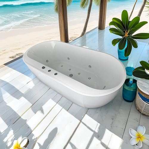 67x31.5 Jetted Tubs with 6 Whirlpool Nozzles and 8 Air Bubbles, White Freestanding Massage Whirlpool Bathtub, Hydro Massage, Color-Changing LED Chromatherapy, Air type control switch