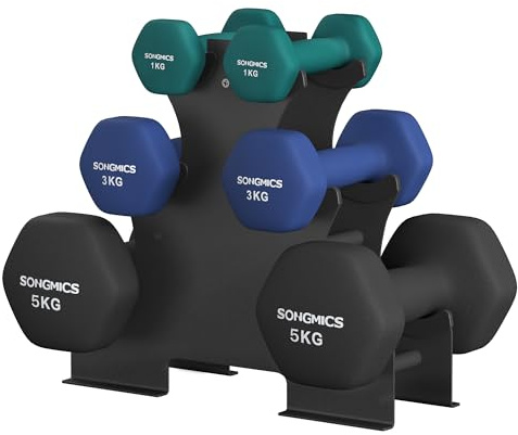 SONGMICS Hexagon Hantelset med hantelställ, 2 x 1 kg, 2 x 3 kg, 2 x 5 kg, matt finish, neoprenbeläggning, styrketräning, Hemma, Aquamarine Blue, Harbor Blue och Ink Black SYL618QZ02