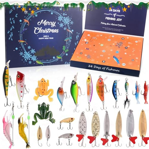 Axlyca Angel Adventskalender 2025 Männer,24 Angelköder Countdown Kalender Set,Weihnachtskalender Adventskalender Angeln,Weihnachtskalender Angeln Werkzeug für Erwachsene Teenager Angelfreunde Geschenk