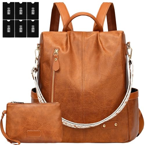 ONETOALL Rucksack Damen Klein Diebstahlsicher mit 6 RFID Blocker Schutzhüllen, Cityrucksack Damen Elegant, Damenrucksack Handtasche Modern, für Städtetrip Alltag Unterwegs Braun PU Leder