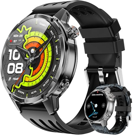 WalkerFit Smartwatch Herren 2025, GPS Militär Sportuhr mit 1,43 AMOLED Always-On Display, 5ATM Wasserdicht, 550mAh Akku, Kompass, Bluetooth Anruf & 150+ Sportmodi für Android iOS (Schwarz)