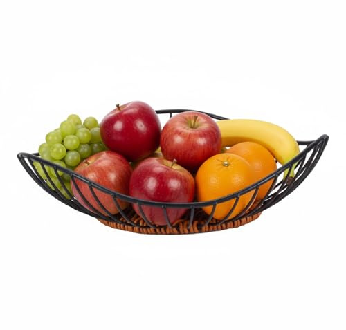 Punorric Black Metal Fruit Bowl, Wire Fruit Basket with Drainage Design for Kitchen, Large Capacity Wave Decorative Bowl for Wedding Displaying Vegetable Dessert(25 x 7 cm)