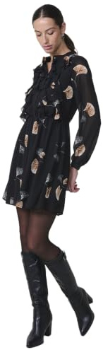 Koroshi Vestido Corto Chifón Floral Cuello Mao Mujer Negro
