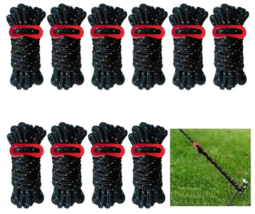 Reflective Tent Guy Ropes, 10 PCS Green Tent Guide Rope Cord, 4M Long Camping Guy Lines 4mm Light-Weight Ropes Cord (Black)