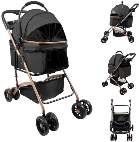 Hundewagen 3 in 1 Faltbarer Hundebuggy, Hundewagen, Kinderwagen für kleine Hunde, Katzen, Abnehmbarer Korb, Tragbarer Kinderwagen, Netzfenster, Oxfordstoff, Bis 20kg (Schwarz)