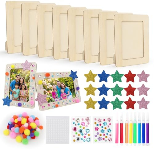 FYSL 8er-Set Holzbilderrahmen zum Bemalen für Kinder (14x19cm) | Bilderrahmen Bastelset mit 8 Wasserfarben, 100 Pompons, Glitzersteinen | Kreativ-Set zur Selbstgestaltung