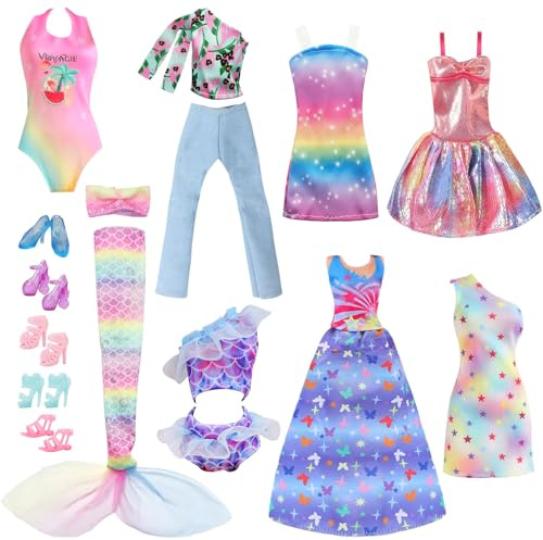 Puppenkleidung Kompatibel mit 30cm Barbie Puppen Set mit 8 Stylischen Looks | Meerjungfrau Kostüm, Prinzessin Ballkleid, Trägerkleid ,Freizeit Look, Sommer Bikini, Schuhe, Geschenk für Mädchen