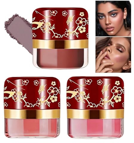 Blush Puder - 3- set, långvarig, mycket pigmenterad och , sminkset med puderrouge - för kvinnor, naturlig rosa , hudtyper