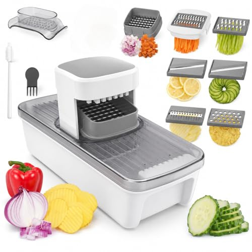 7-in-1 Gemüseschneider mit Auffangbehälter, Mandoline Gemüsehobel und Würfelschneider, Julienne-Reibe und Zwiebelschneider für Kartoffeln, Gemüse und Salat, Weiß