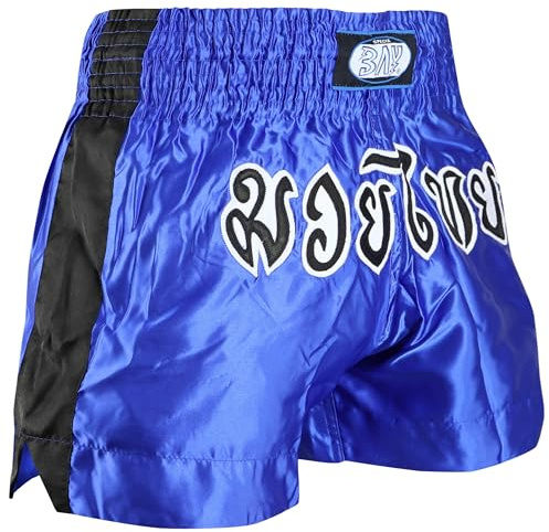 BAY Remy Thaiboxhose Kickboxhose Muay Thai Hose kurz aus Polyester mit traditioneller Thaischrift Blau/Schwarz für Damen, Herren, Kinder, Erwachsene, Mädchen, Jungen Größe XL