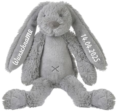 Elefantasie Stofftier Hase mit Namen und Geburtsdatum personalisierbar Plüschhase Kuschelhase Geschenk grau 30cm