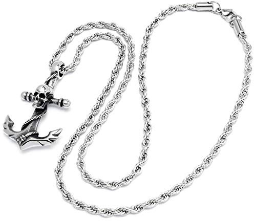 Schmuck-Checker Massiver Anker Anhänger aus Edelstahl mit Totenkopf und 60cm Kordelkette Seemann Kette Halskette Männerschmuck Maritimer Schmuck Geschenk Herrenschmuck