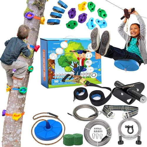 Zip Line Kit for Kids and Adults, 100/120/150/200 ft, Up to 350 Lbs, Removable Trolley, Rustproof Stainless Steel, Quick Setup with Ratchet, Safety Harness, Backyard Adventure Fun W/Climbing Holds