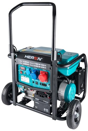 Heron Stromgenerator Benzin 17PS I 8,2 kW / 10,25 kVA (400V) & 6,5kW (230V) I Stromerzeuger mit 28L Tank, Fahrgestell & Elektrostarter I mobiles Stromaggregat mit AVR-System