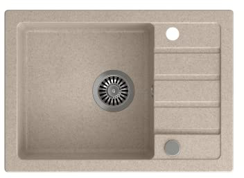 VBChome Spülbecken 62 x 44 cm Beige Spüle Einzelbecken Küche Einbauspüle Verbundspüle Küchenspüle gesprenkelt flächenbündig Siphon Waschbecken