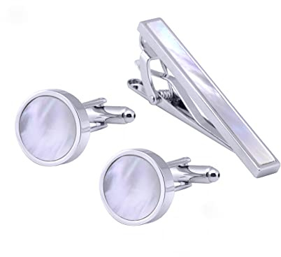 Jonwo Perlmutt 4.5cm Krawattennadeln und Manschettenknöpfe für Herren Silber Gold Cufflinks Tie Clip Hochzeit Hemd Party Geburtstag Jubiläum Kleid (Runde Silber Cufflinks Tie Clip Set)