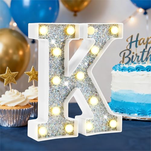 LED Marquee Letter Lights, Light Up Silver Letters for Bedroom Glitter Gifts for Teenage Girls Alphabet Letter Sign Battery Powered Night Light Birthday Party Wedding Home Decoration, Silver Letter K