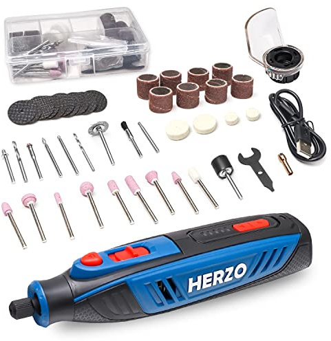 Outil Rotatif Multifunction, HERZO Outil rotatif Electrique sans fil 4V Li-Ion, 5,000 à 25,000tr/min, 5 vitesse 53 Accessoires pour graver, couper, ponçage, polissage, percer de bricolage
