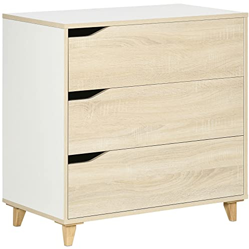HOMCOM Commode avec 3 tiroirs Meuble de Rangement Bicolore Blanc et Aspect Bois - 75 x 42 x 75 cm