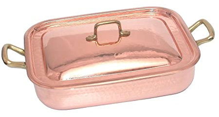 CREARTISTIC 100% Made in Italy Verzinntes Kupfer Tief Backblech für Backofen - 37x29 cm, mit 2 4cm Messinggriffen, mit Deckel, Rechteckig Backform mit Hohem Rand, Lasagnepfanne, handgemacht