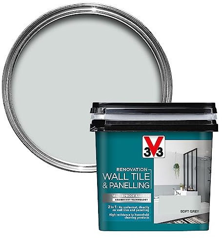 V33 Renovation Wall Tile & Panelling Paint - No Undercoat Needed - For High Moisture Surfaces - Resistant To Temperature Variations - Soft Grey 750ml