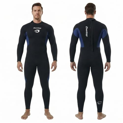 Owntop Herrars Helfigur 3/2mm Dräkt, Ultra-Stretch Långärmad Vinterdräkt, Bakre Zip Vuxen Neopren Surfning Dykning Våt Dräkt, Män Blå 4XL