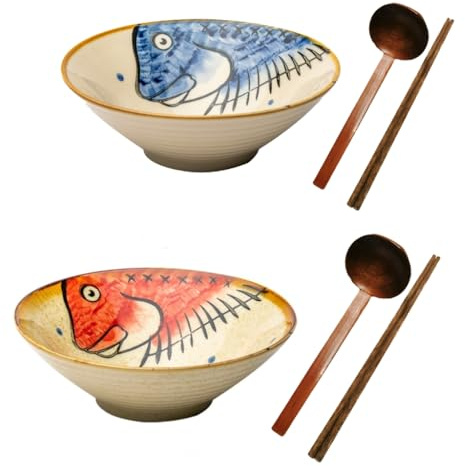 Keramisk japansk ramenskål, nudlar, skålar för soppa Pho Udon Soba, sallad, mellanmål, flingrätter med skedar, ätpinnar, 900 ml, presentset (röd fisk + blå fisk)