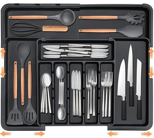 Spaclear Silverware Organizer Expandable Kitchen Utensil Drawer Organizer Large BPA Free Adjustable Cutlery Silverware Tray for Spoons Forks Knives Storage Divider for Kitchen Flatware 6-9 Slots Black
