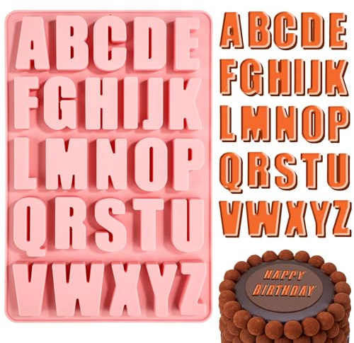 Chocolate Silicone Letter Mold, 26 Cavities Alphabet Stencils Nonstick Letters Chocolate Stencils Silicone Large Depth Alphabet Crayon Trays for Baking Fondant Cake Biscuit Candy Resin Concrete (Pink)