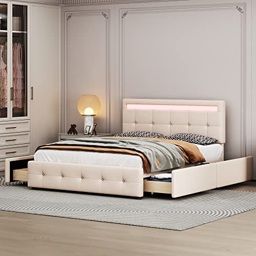 Ctastay Polsterbett Doppelbett Kinderbett 140x200 cm mit LED, Jugendbett Bett mit 4 Schubladen für Stauraum, Stauraumbett Gästebett Bettgestell mit Holz-Lattenrost & Kopfteil, Leinen (Beige)