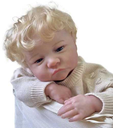 YIHANGG 19Zoll Reborn Baby Puppe Körper aus Stoff Junge 49cm Lebensecht Kleinkind Puppe Blondes Lockiges Haar Neugeborenes Baby Größe 3D Haut Sichtbare Adern Sammlerstück Kunstpuppe