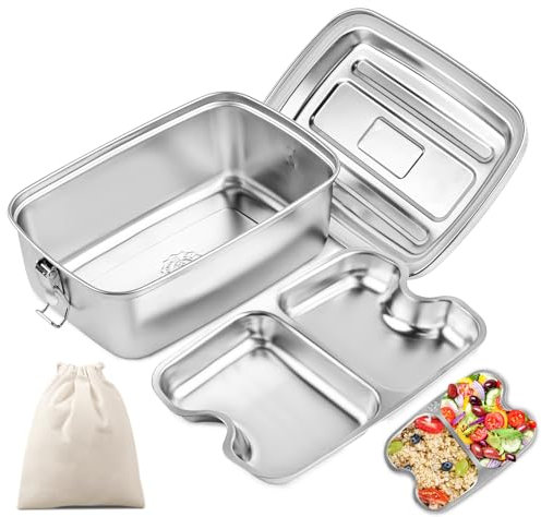 WuGU 1200ml Boîte à Bento en Acier Inoxydable, Lunch Box Inox avec Compartiment et Sac, Anti Fuite, Passe au Lave-vaisselle, pour Pique Nique, Travail, Ecole-2 grilles