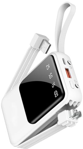 Powerbank 10 000 mAh snabb laddning bärbar laddare med integrerade kablar litet USB-C-batteripaket för iPhone 16 15 14 13 Android Google Pixel etc (vit)